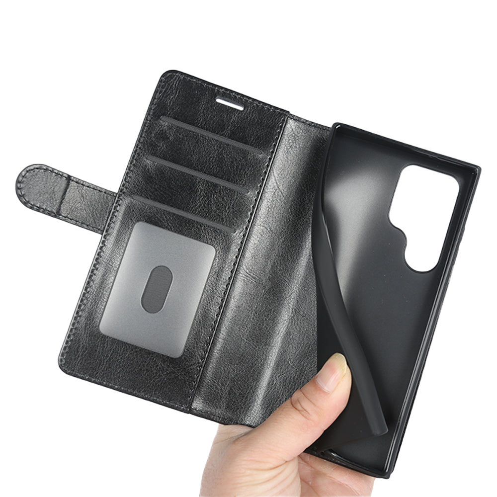 For Samsung Galaxy S24 Ultra Case Crazy Horse Texture Wallet Phone Case PU Leather Flip Cover - Black