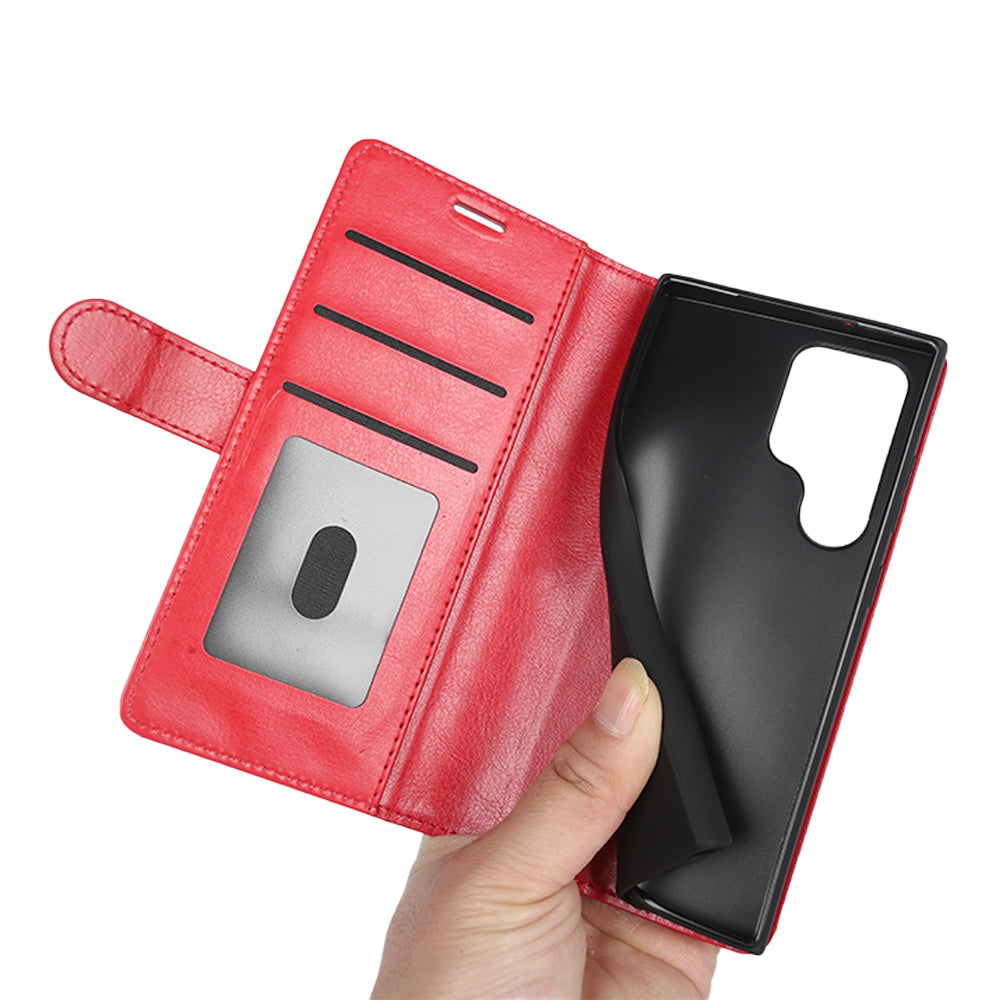 For Samsung Galaxy S24 Ultra Case Crazy Horse Texture Wallet Phone Case PU Leather Flip Cover - Red