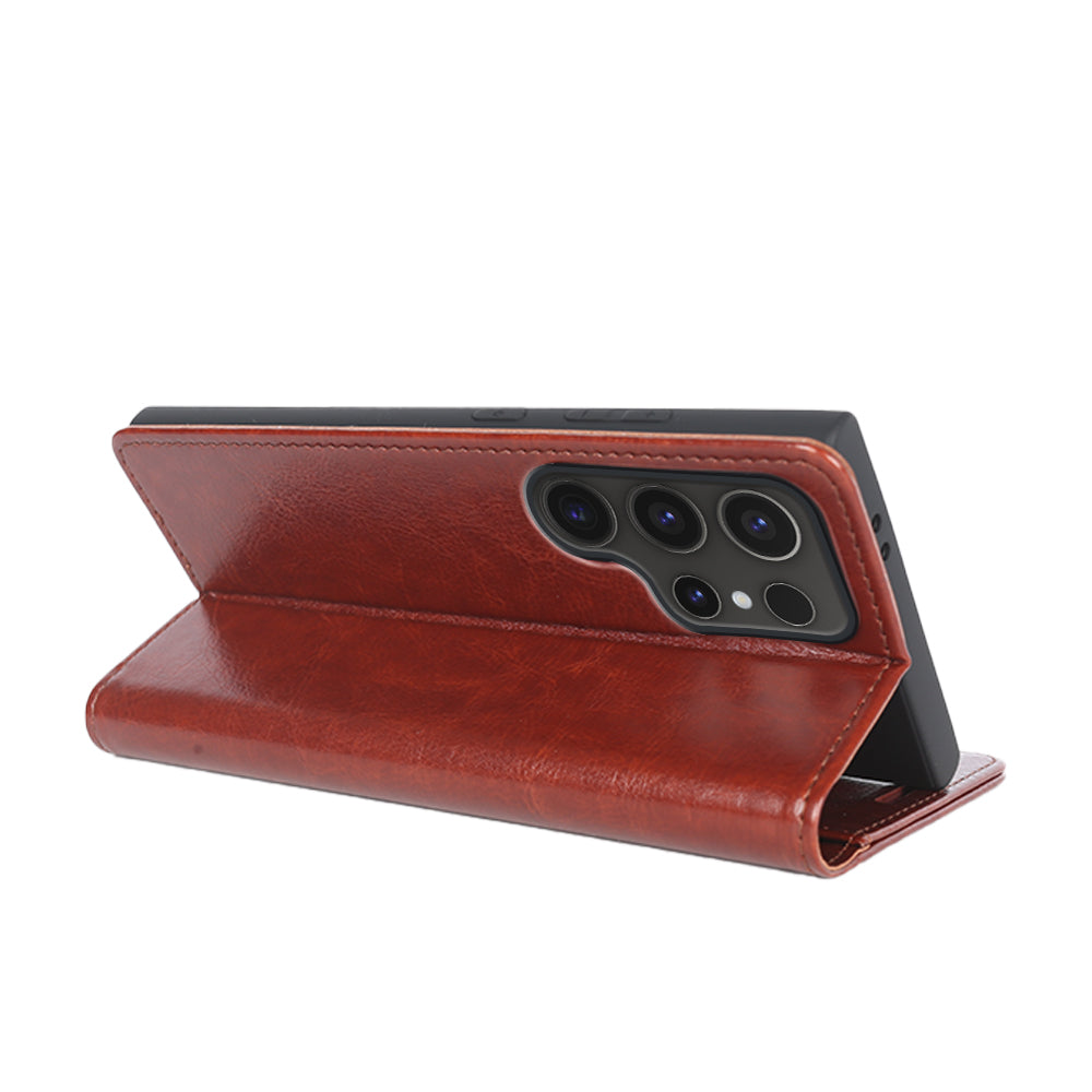 For Samsung Galaxy S24 Ultra Case Crazy Horse Texture Wallet Phone Case PU Leather Flip Cover - Brown