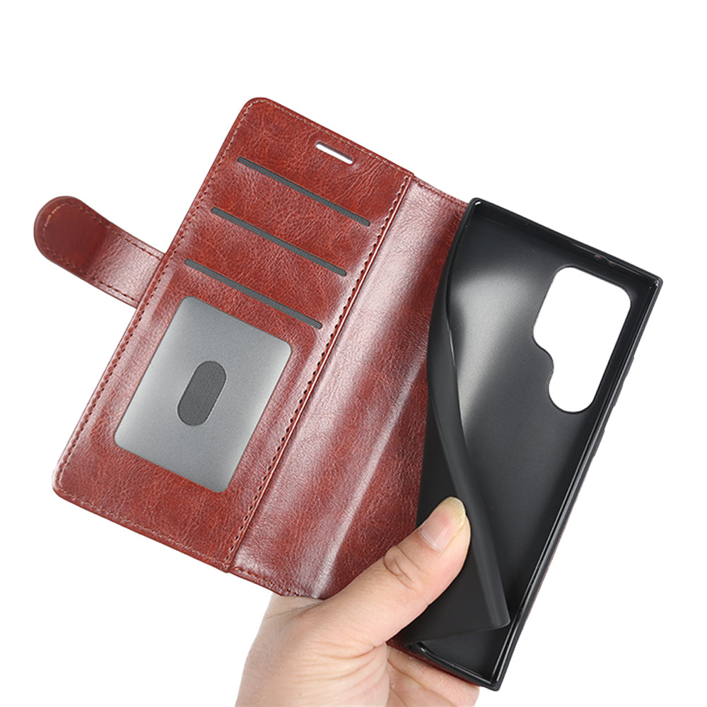 For Samsung Galaxy S24 Ultra Case Crazy Horse Texture Wallet Phone Case PU Leather Flip Cover - Brown