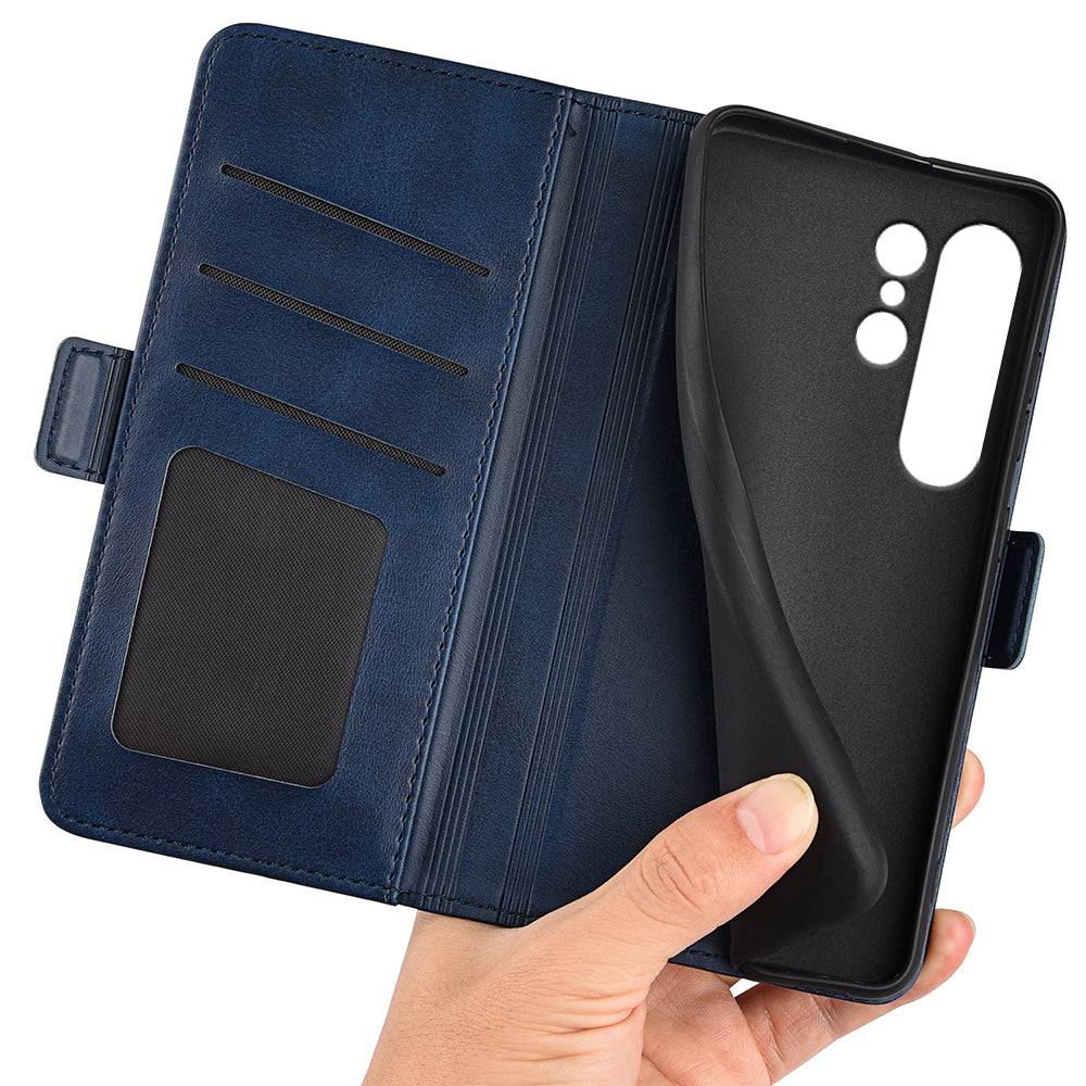 For Samsung Galaxy S24 Ultra Case PU Leather Dual Magnetic Clasp Protective Cover - Blue