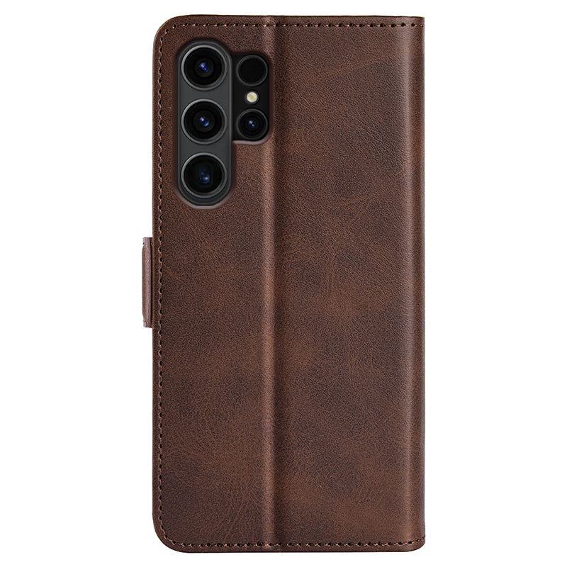 For Samsung Galaxy S24 Ultra Case PU Leather Dual Magnetic Clasp Protective Cover - Brown