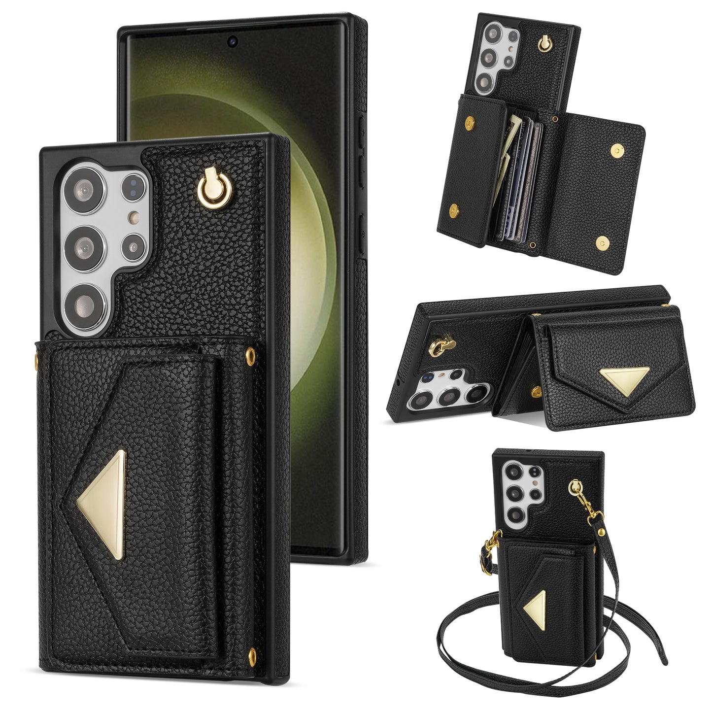 For Samsung Galaxy S24 Ultra Case Organ Card Bag Leather+TPU Cover with Shoulder Strap - Black
