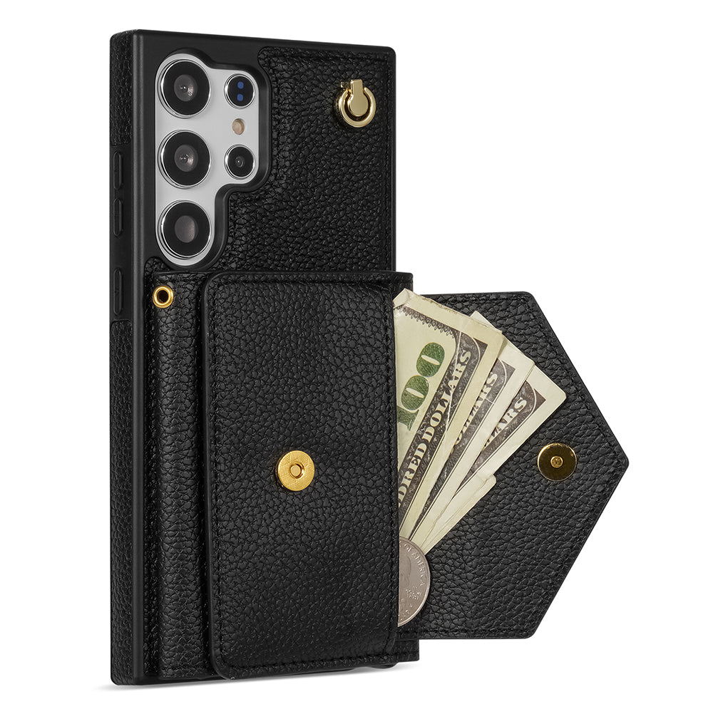 For Samsung Galaxy S24 Ultra Case Organ Card Bag Leather+TPU Cover with Shoulder Strap - Black