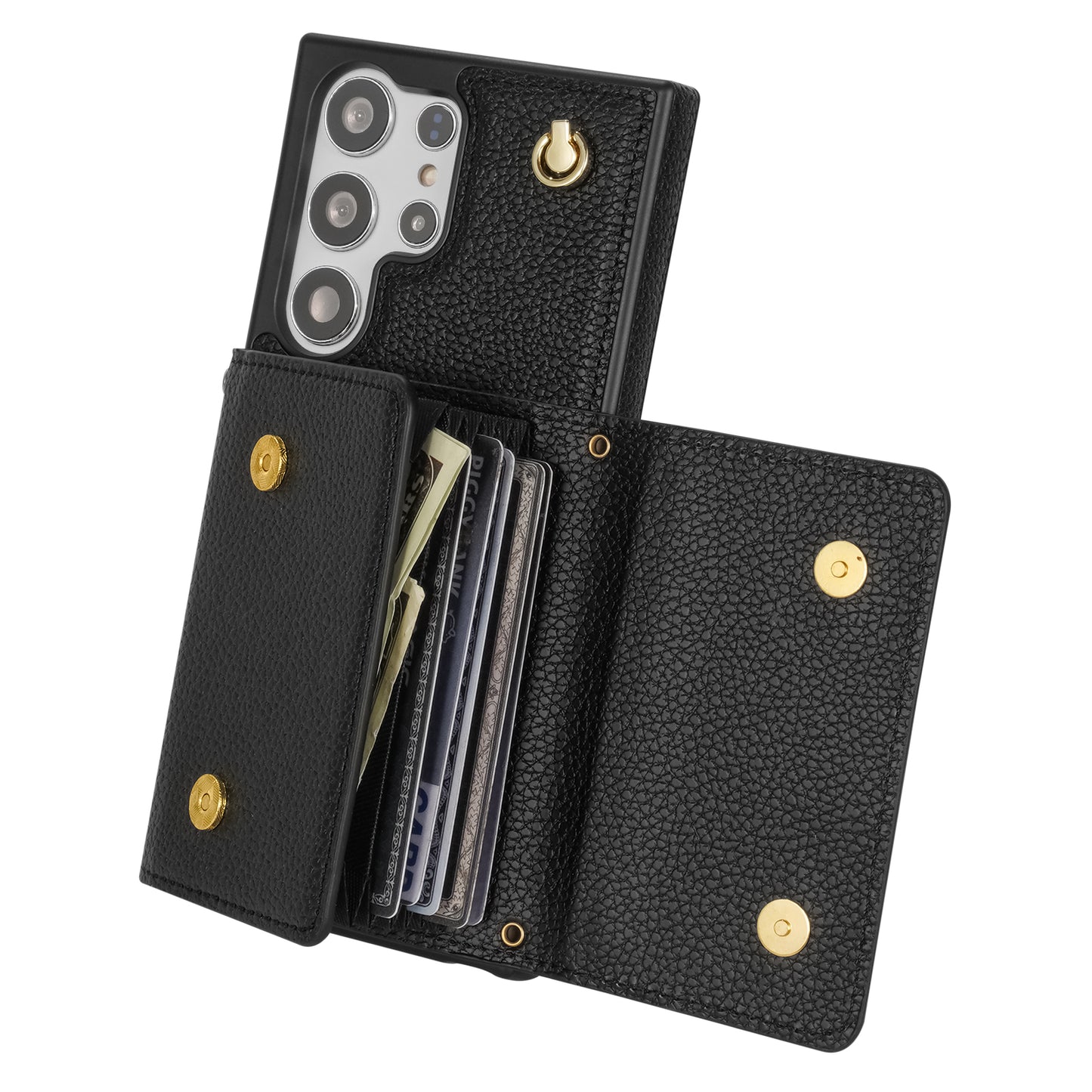 For Samsung Galaxy S24 Ultra Case Organ Card Bag Leather+TPU Cover with Shoulder Strap - Black