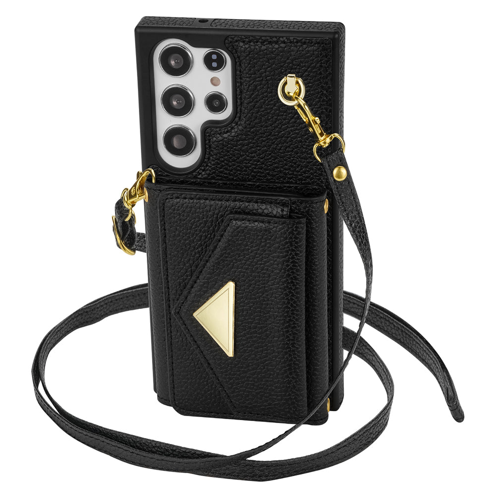 For Samsung Galaxy S24 Ultra Case Organ Card Bag Leather+TPU Cover with Shoulder Strap - Black