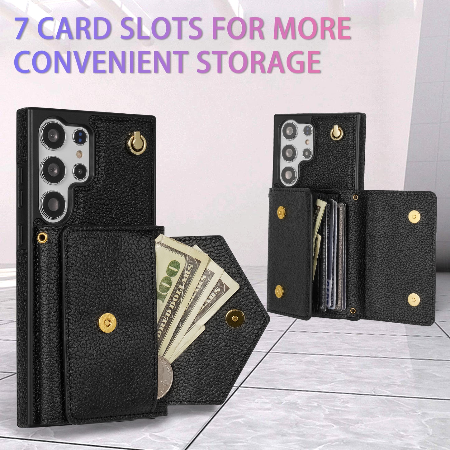 For Samsung Galaxy S24 Ultra Case Organ Card Bag Leather+TPU Cover with Shoulder Strap - Black