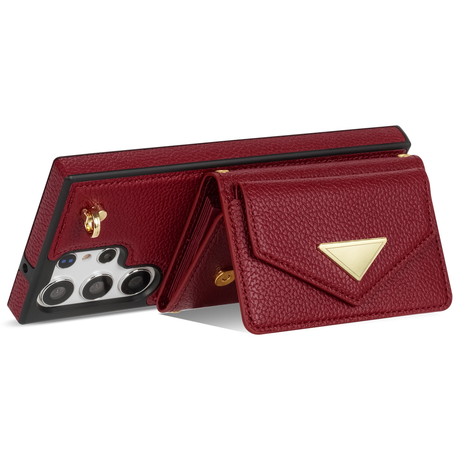 For Samsung Galaxy S24 Ultra Case Organ Card Bag Leather+TPU Cover with Shoulder Strap - Wine Red