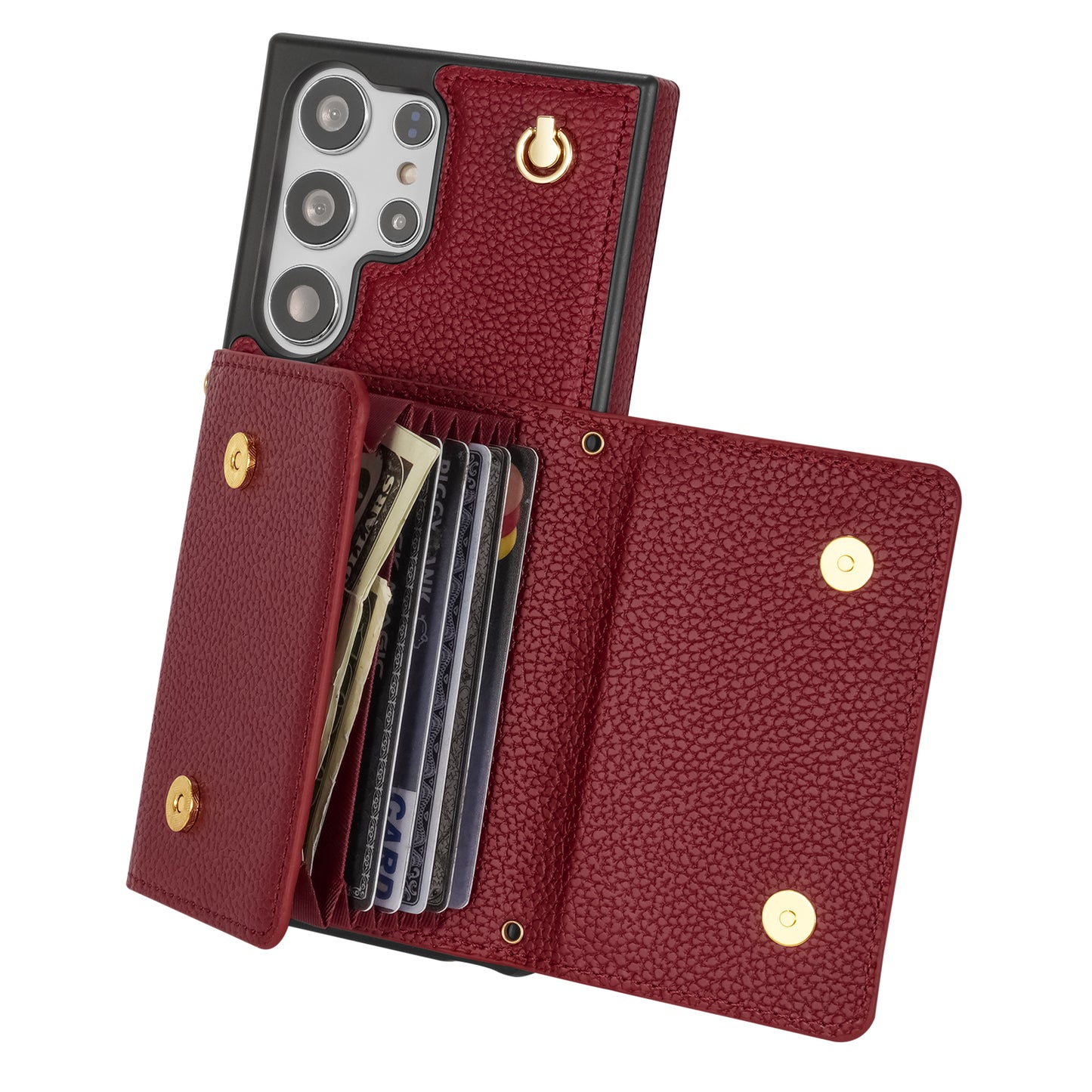 For Samsung Galaxy S24 Ultra Case Organ Card Bag Leather+TPU Cover with Shoulder Strap - Wine Red