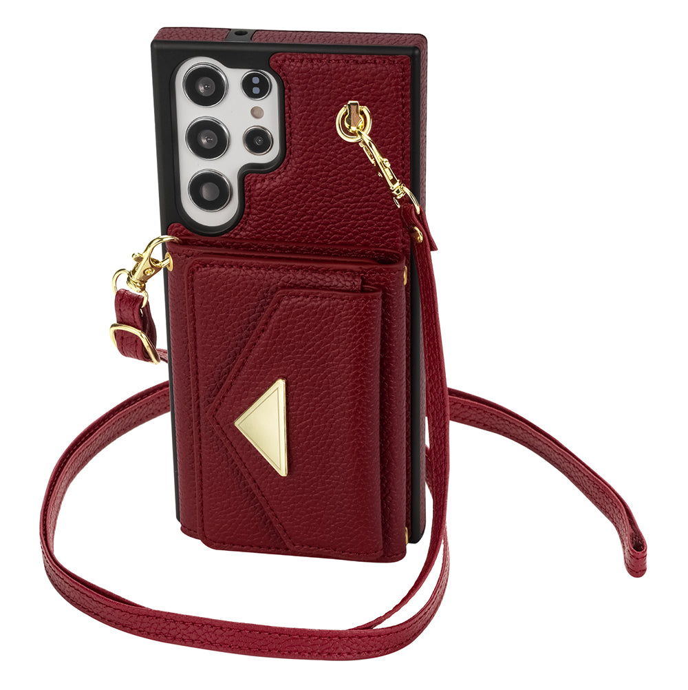 For Samsung Galaxy S24 Ultra Case Organ Card Bag Leather+TPU Cover with Shoulder Strap - Wine Red