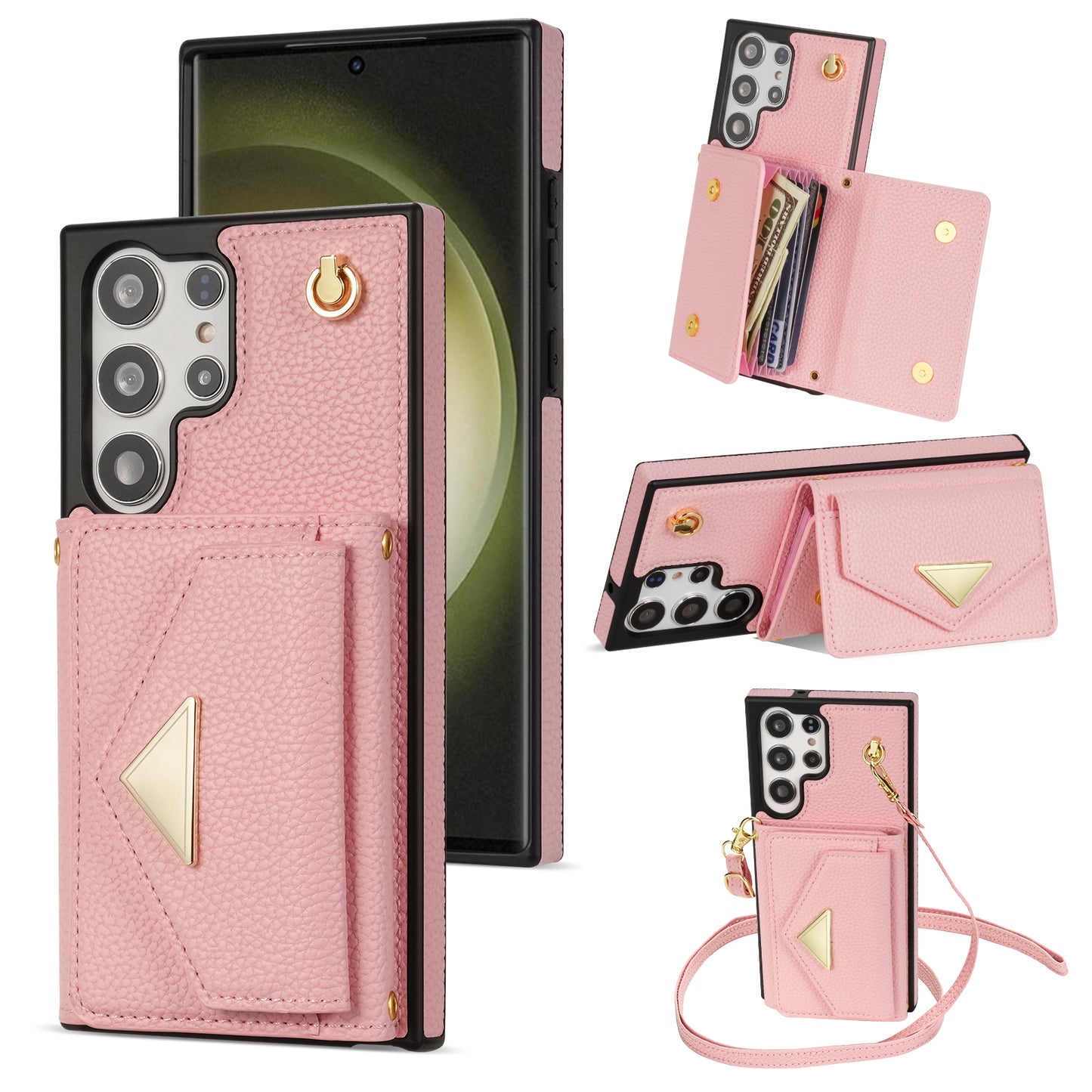 For Samsung Galaxy S24 Ultra Case Organ Card Bag Leather+TPU Cover with Shoulder Strap - Pink