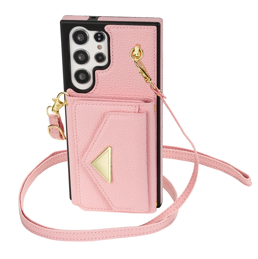 For Samsung Galaxy S24 Ultra Case Organ Card Bag Leather+TPU Cover with Shoulder Strap - Pink