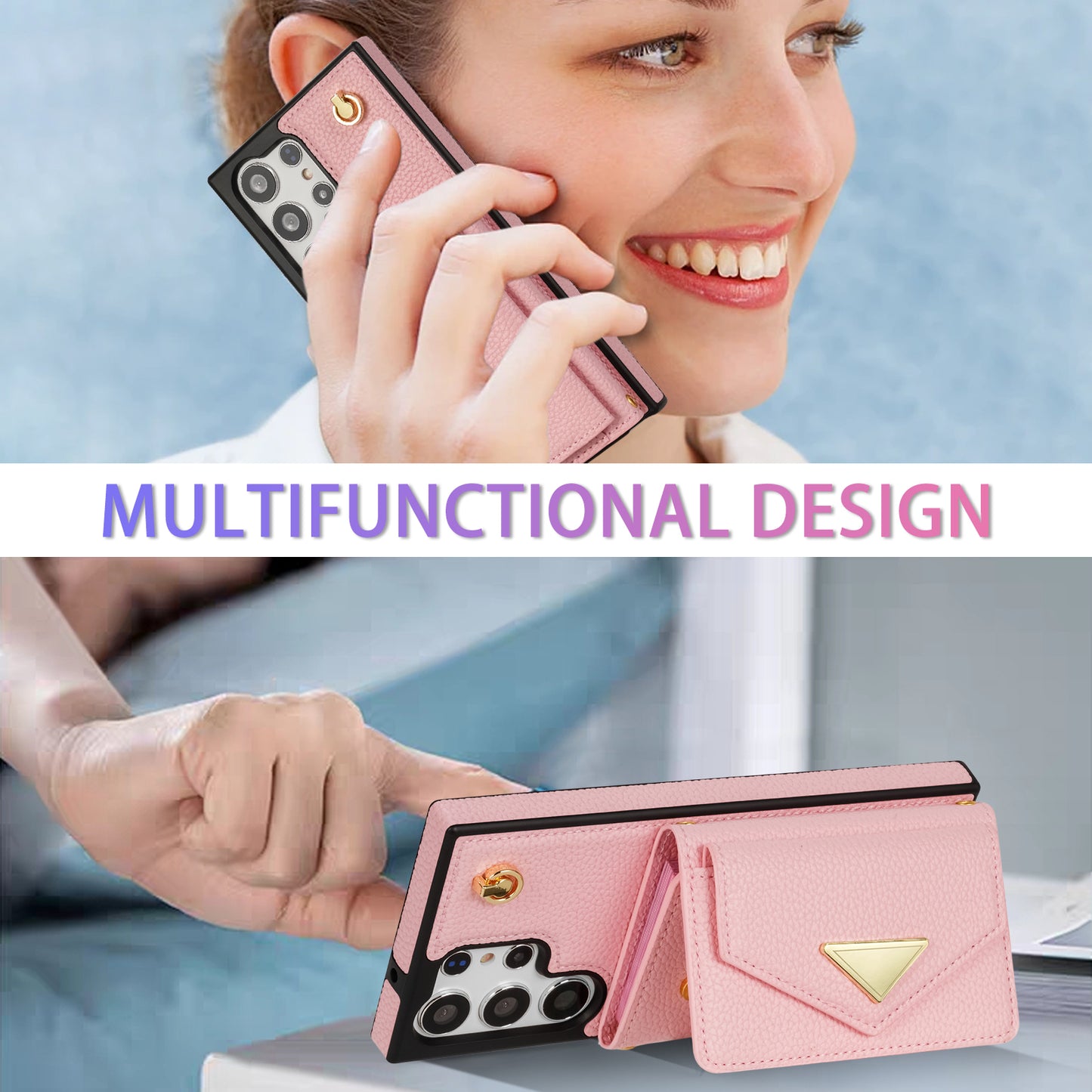 For Samsung Galaxy S24 Ultra Case Organ Card Bag Leather+TPU Cover with Shoulder Strap - Pink