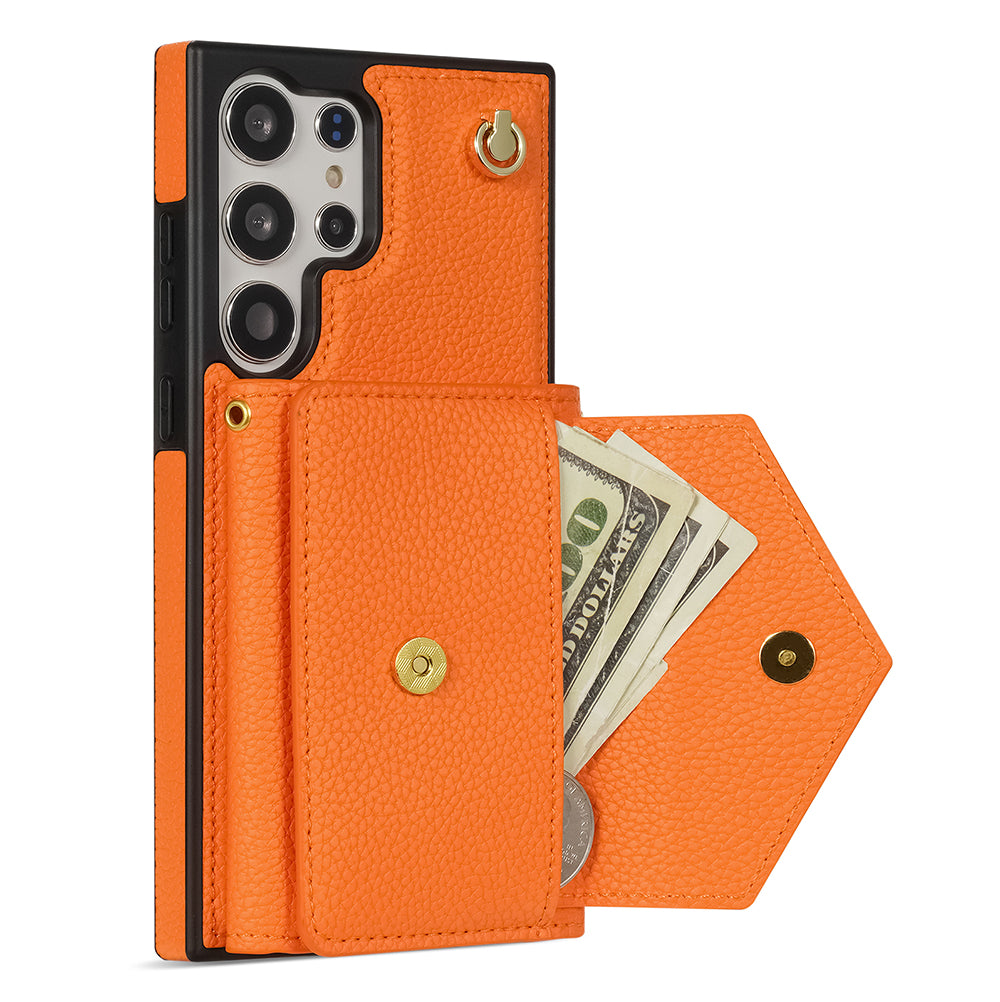 For Samsung Galaxy S24 Ultra Case Organ Card Bag Leather+TPU Cover with Shoulder Strap - Orange