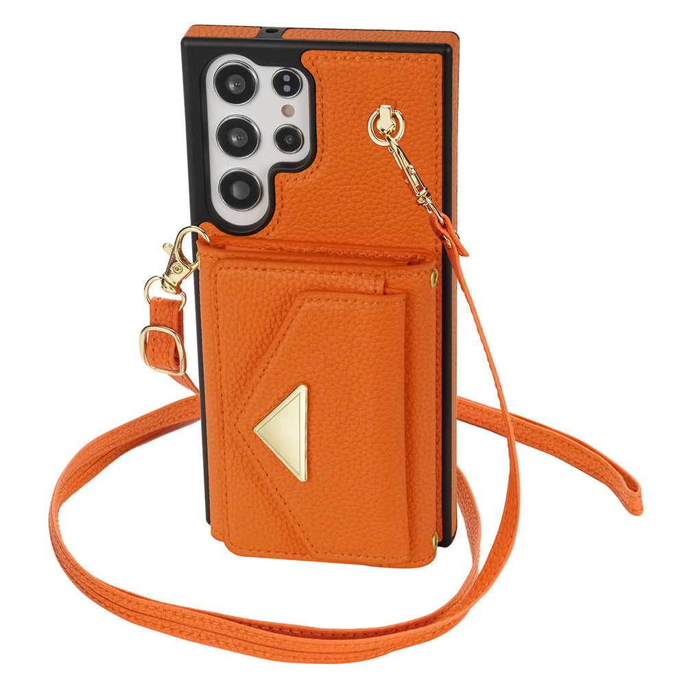 For Samsung Galaxy S24 Ultra Case Organ Card Bag Leather+TPU Cover with Shoulder Strap - Orange