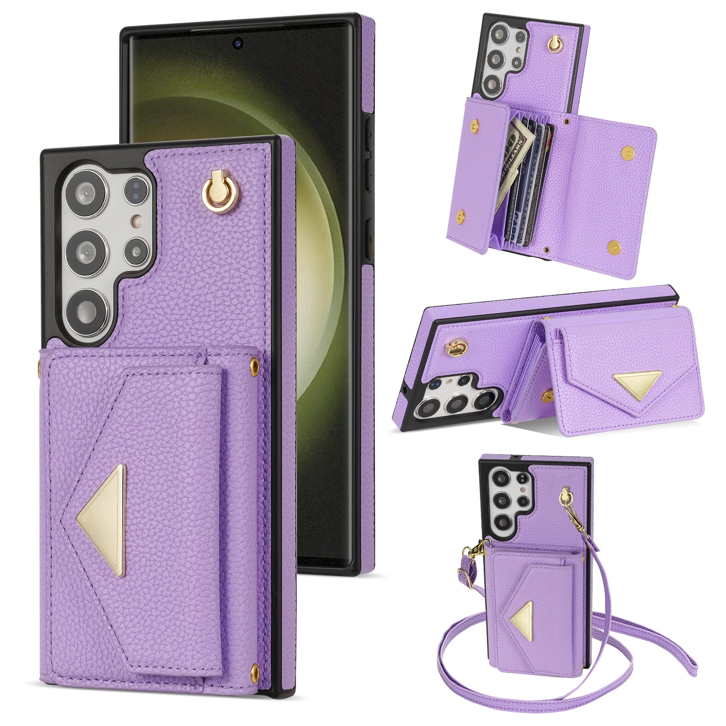 For Samsung Galaxy S24 Ultra Case Organ Card Bag Leather+TPU Cover with Shoulder Strap - Purple