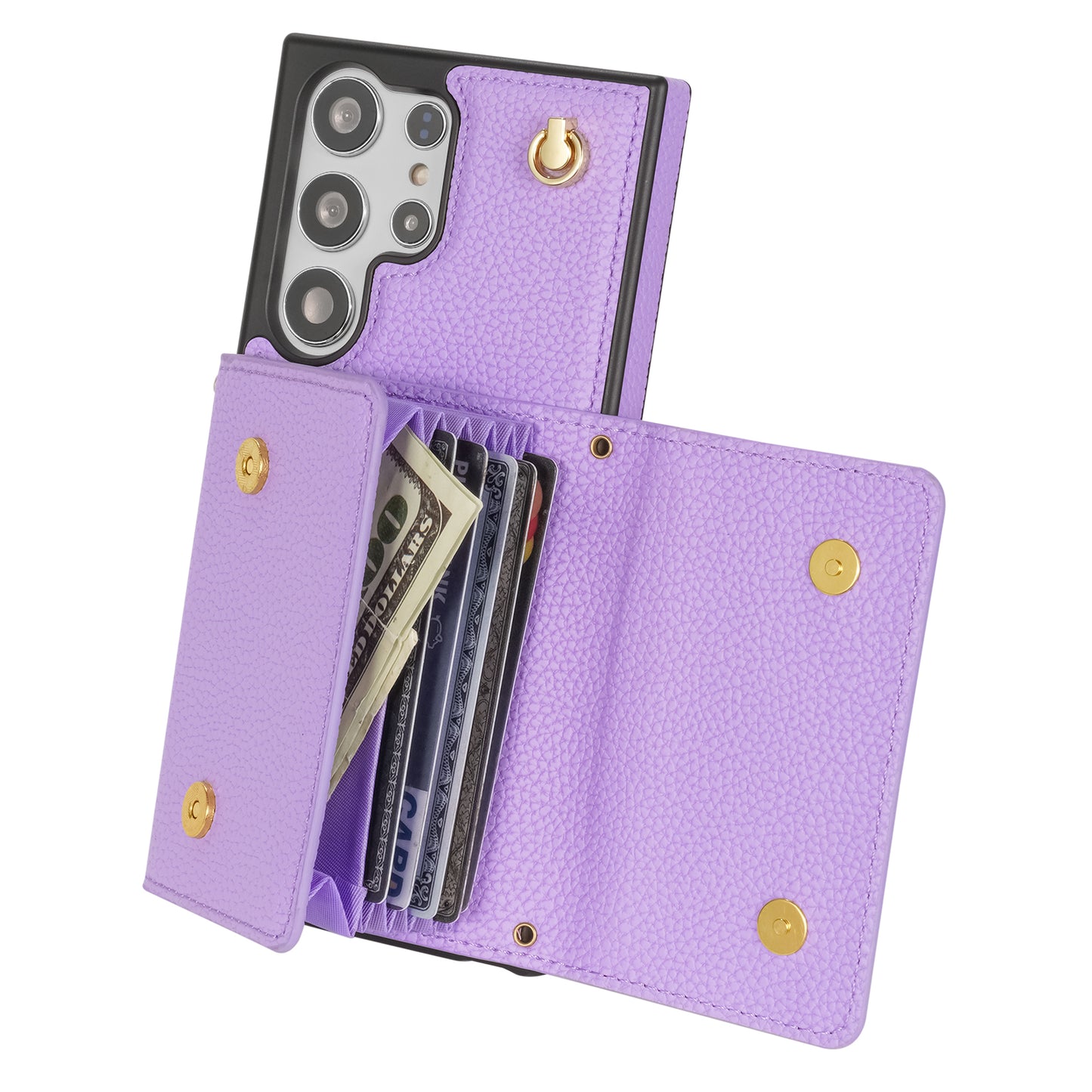 For Samsung Galaxy S24 Ultra Case Organ Card Bag Leather+TPU Cover with Shoulder Strap - Purple