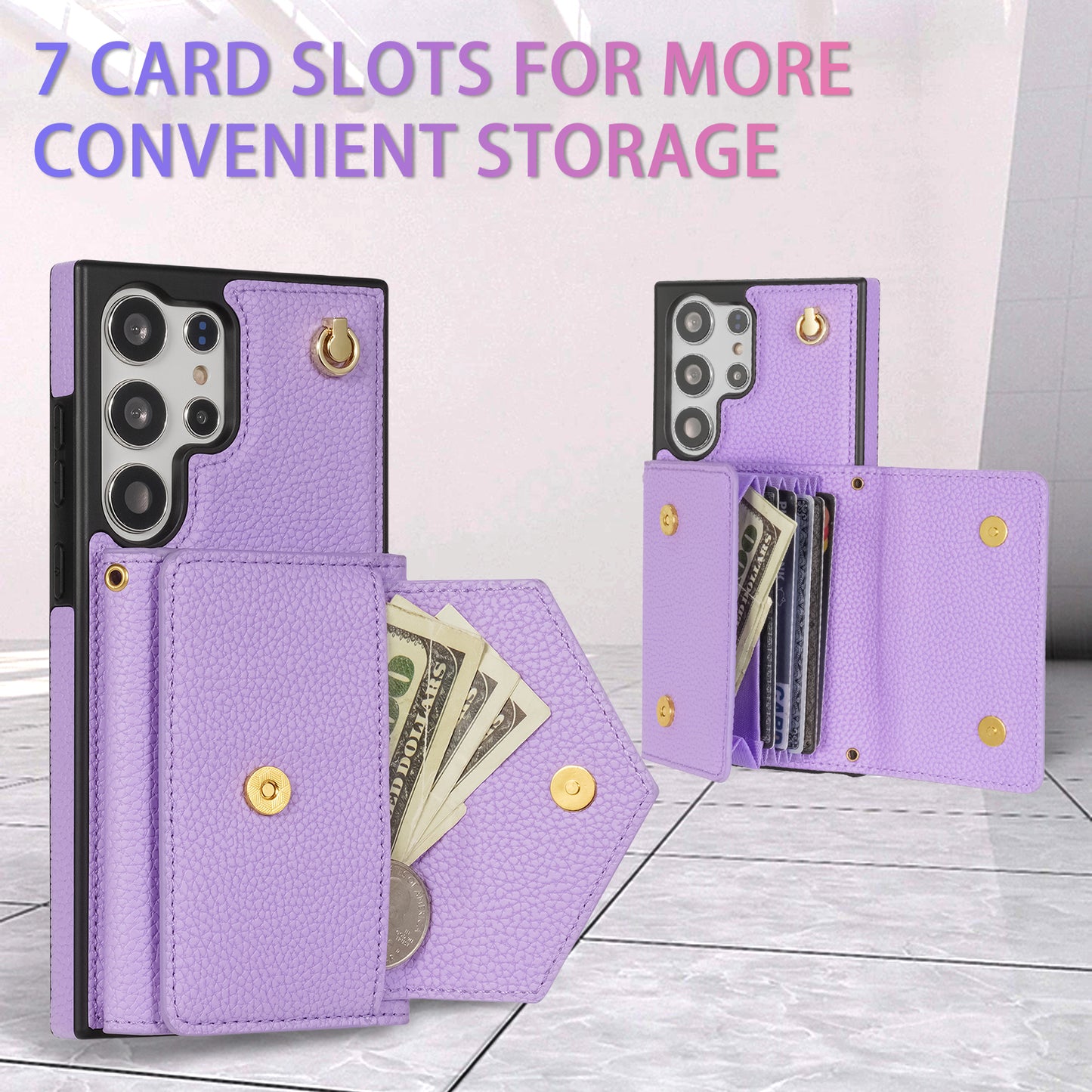 For Samsung Galaxy S24 Ultra Case Organ Card Bag Leather+TPU Cover with Shoulder Strap - Purple