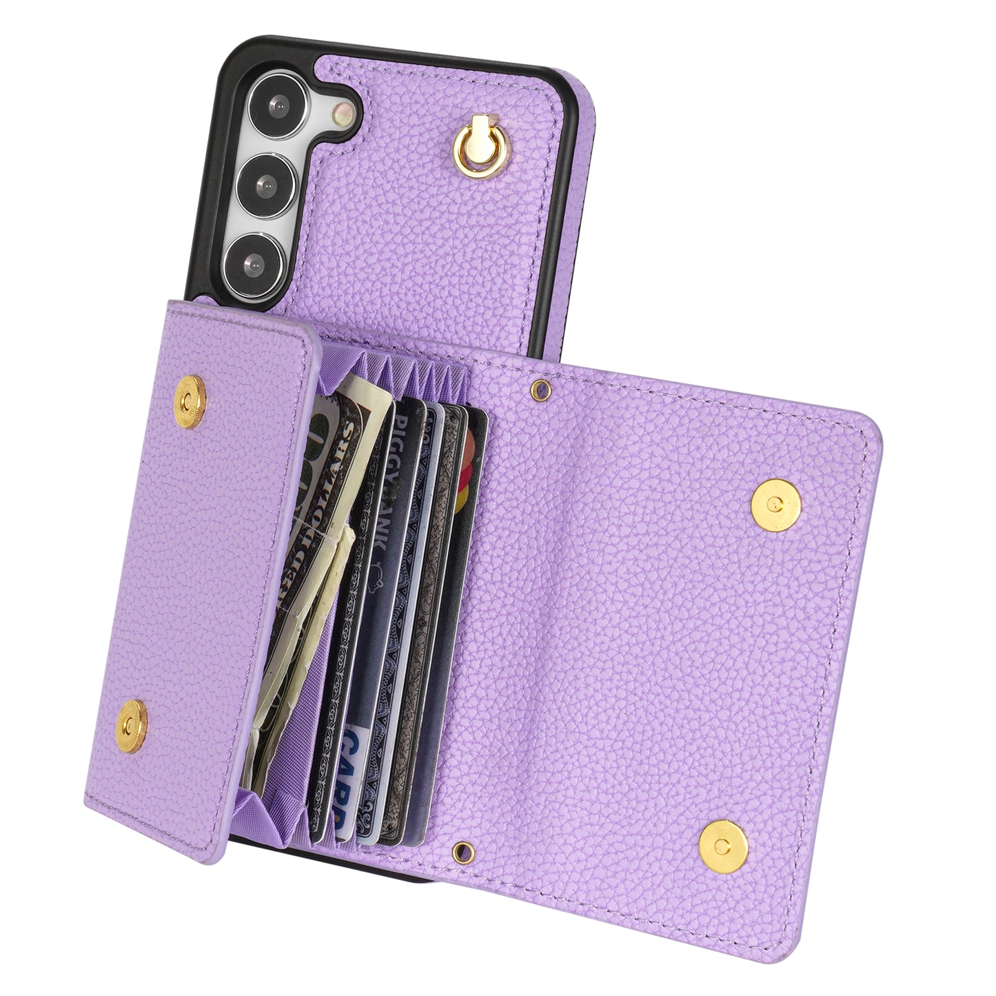 For Samsung Galaxy S24+ Cell Phone Case Card Bag Anti-drop Leather+TPU Cover with Shoulder Strap - Purple