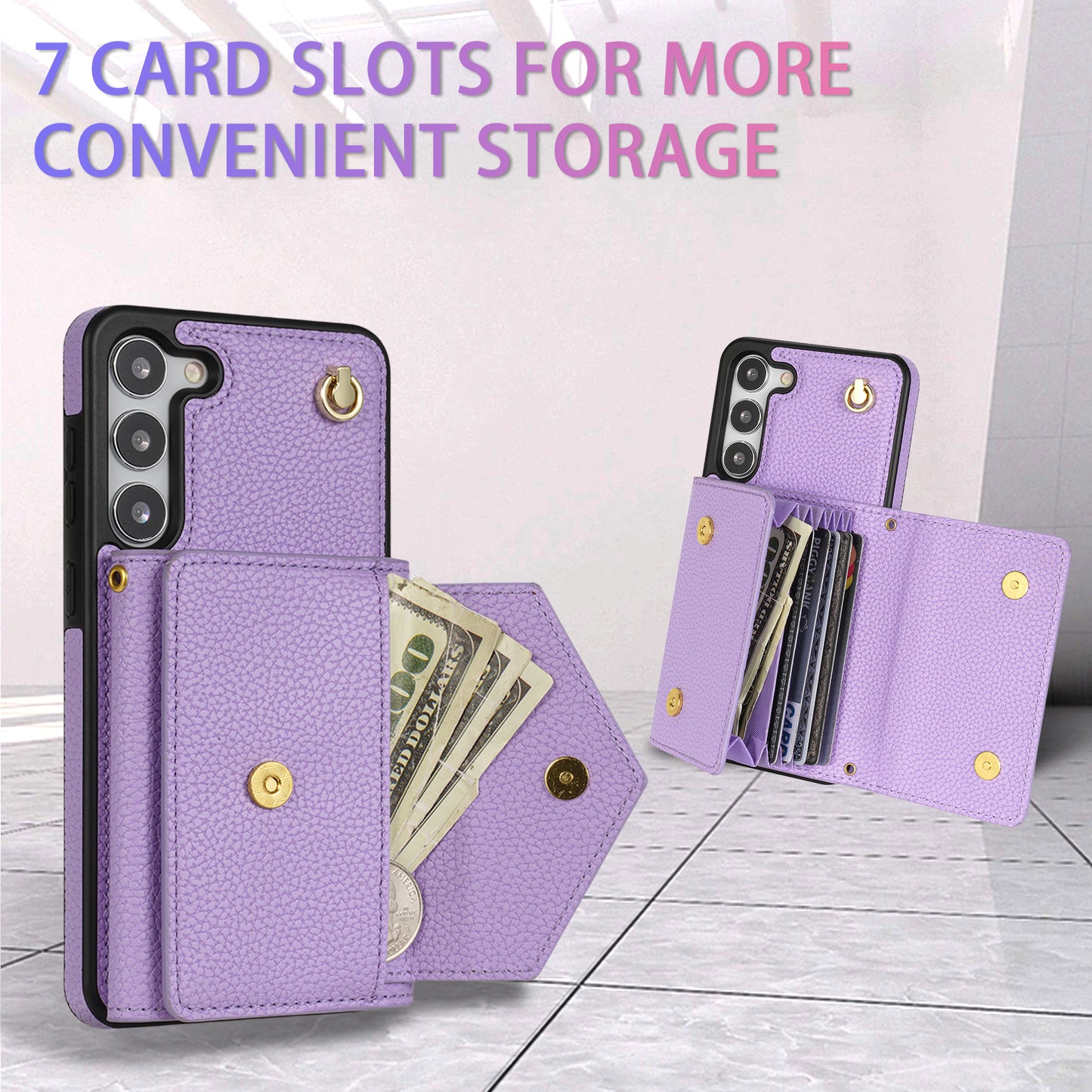For Samsung Galaxy S24+ Cell Phone Case Card Bag Anti-drop Leather+TPU Cover with Shoulder Strap - Purple