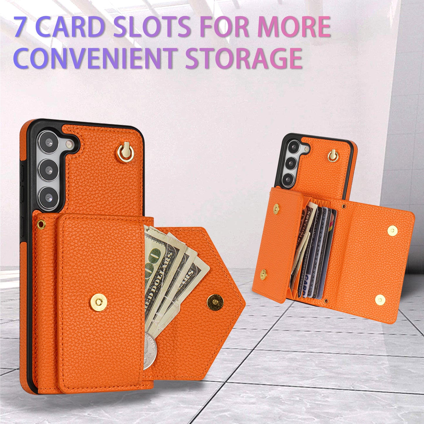 For Samsung Galaxy S24+ Cell Phone Case Card Bag Anti-drop Leather+TPU Cover with Shoulder Strap - Orange