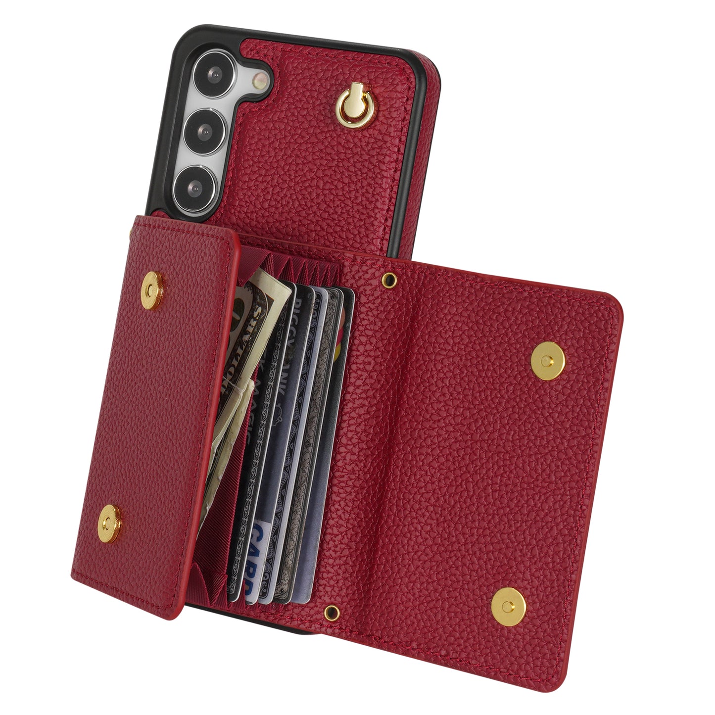 For Samsung Galaxy S24+ Cell Phone Case Card Bag Anti-drop Leather+TPU Cover with Shoulder Strap - Wine Red