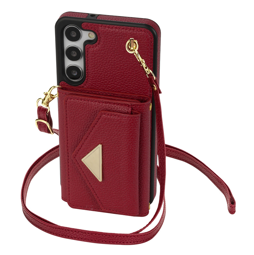 For Samsung Galaxy S24+ Cell Phone Case Card Bag Anti-drop Leather+TPU Cover with Shoulder Strap - Wine Red