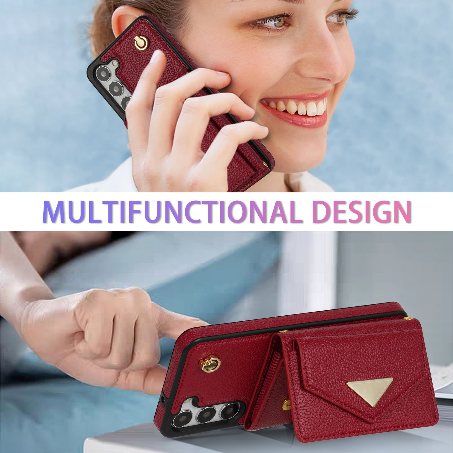 For Samsung Galaxy S24+ Cell Phone Case Card Bag Anti-drop Leather+TPU Cover with Shoulder Strap - Wine Red