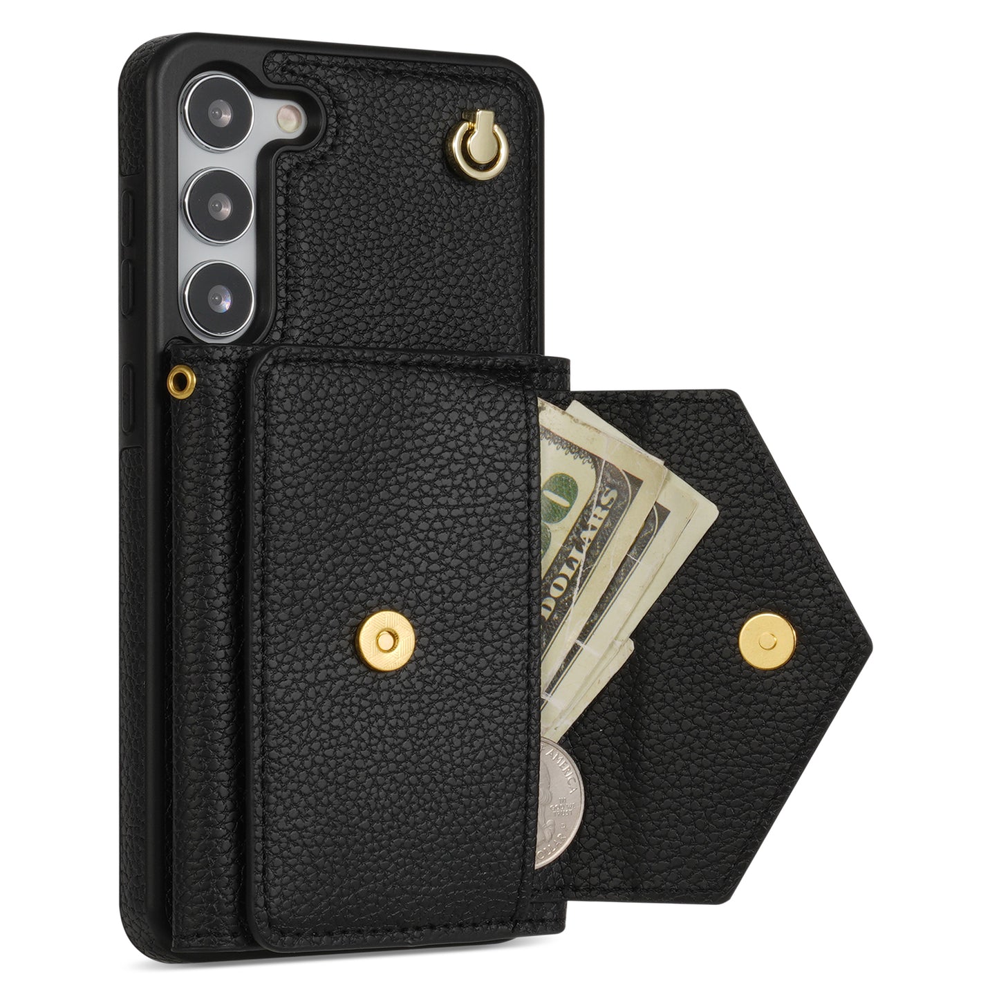 For Samsung Galaxy S24 Cell Phone Case Card Holder Leather+TPU Back Cover with Long Strap - Black