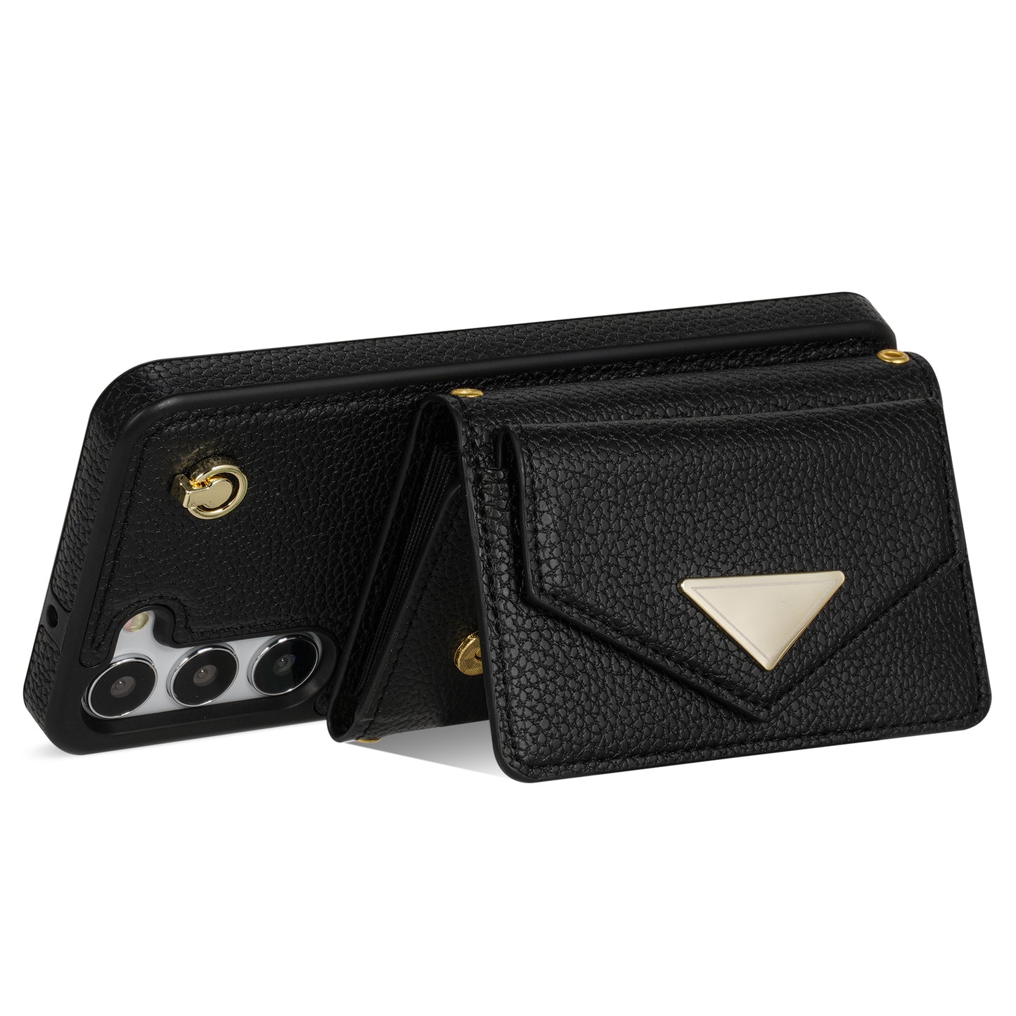 For Samsung Galaxy S24 Cell Phone Case Card Holder Leather+TPU Back Cover with Long Strap - Black