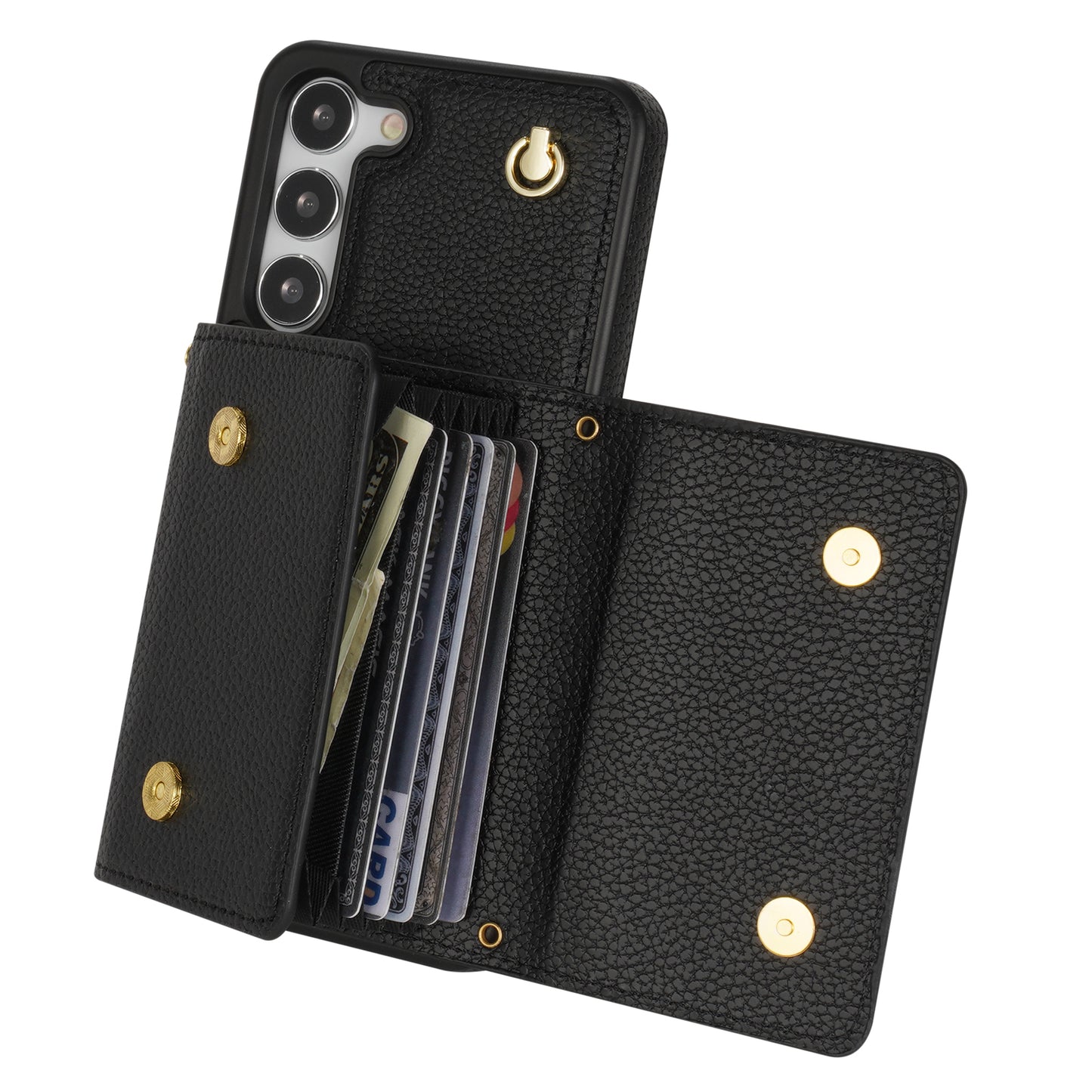 For Samsung Galaxy S24 Cell Phone Case Card Holder Leather+TPU Back Cover with Long Strap - Black