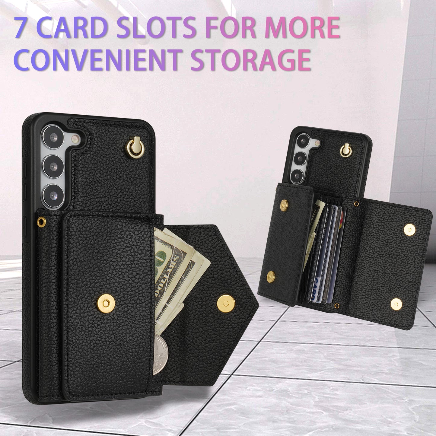 For Samsung Galaxy S24 Cell Phone Case Card Holder Leather+TPU Back Cover with Long Strap - Black