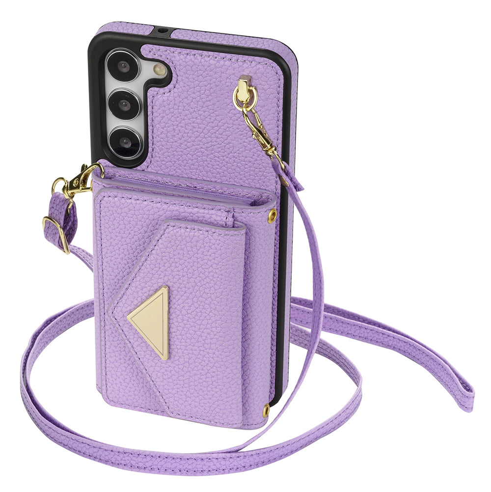 For Samsung Galaxy S24 Cell Phone Case Card Holder Leather+TPU Back Cover with Long Strap - Purple