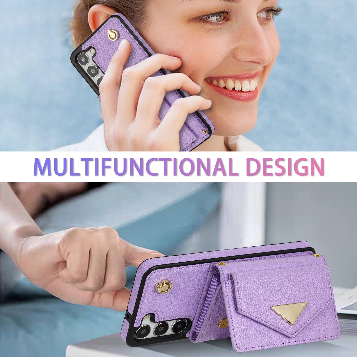 For Samsung Galaxy S24 Cell Phone Case Card Holder Leather+TPU Back Cover with Long Strap - Purple