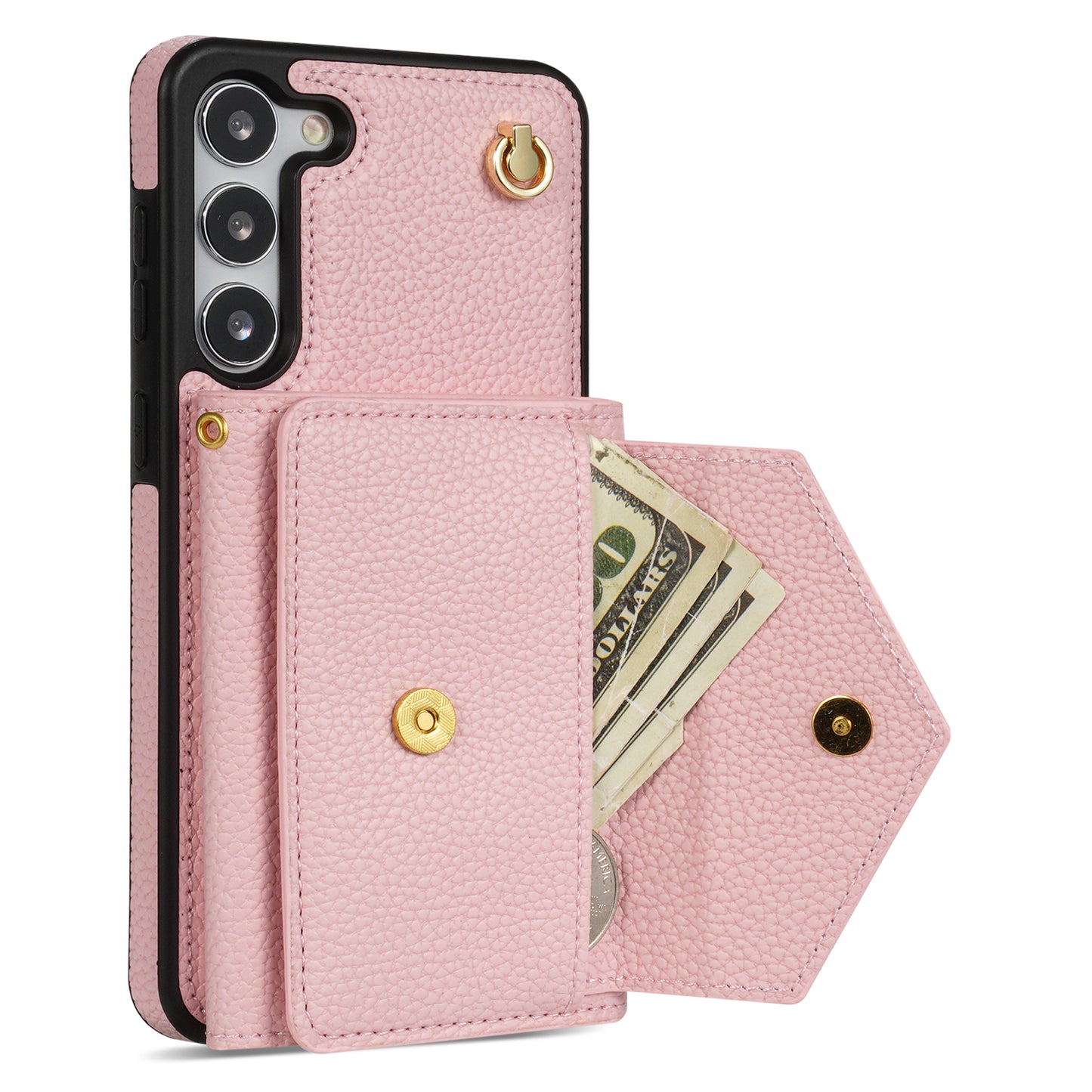 For Samsung Galaxy S24 Cell Phone Case Card Holder Leather+TPU Back Cover with Long Strap - Pink