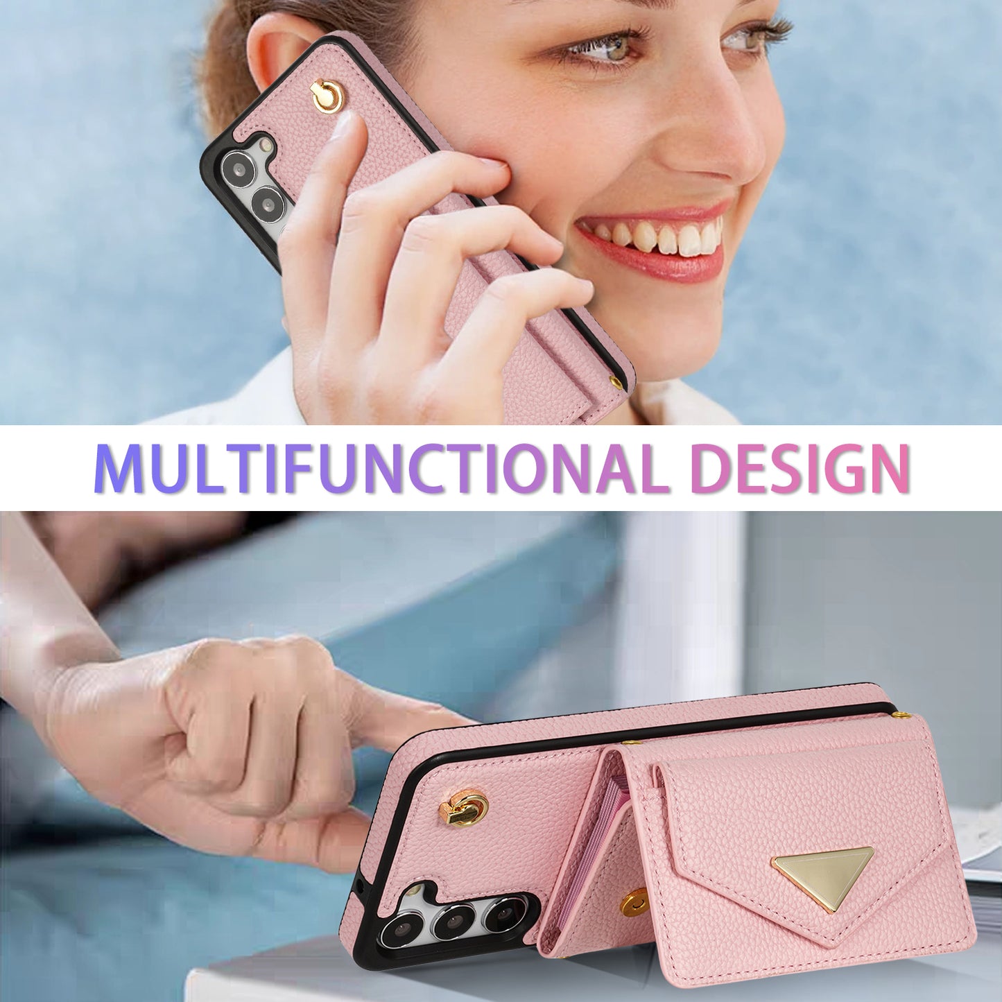 For Samsung Galaxy S24 Cell Phone Case Card Holder Leather+TPU Back Cover with Long Strap - Pink