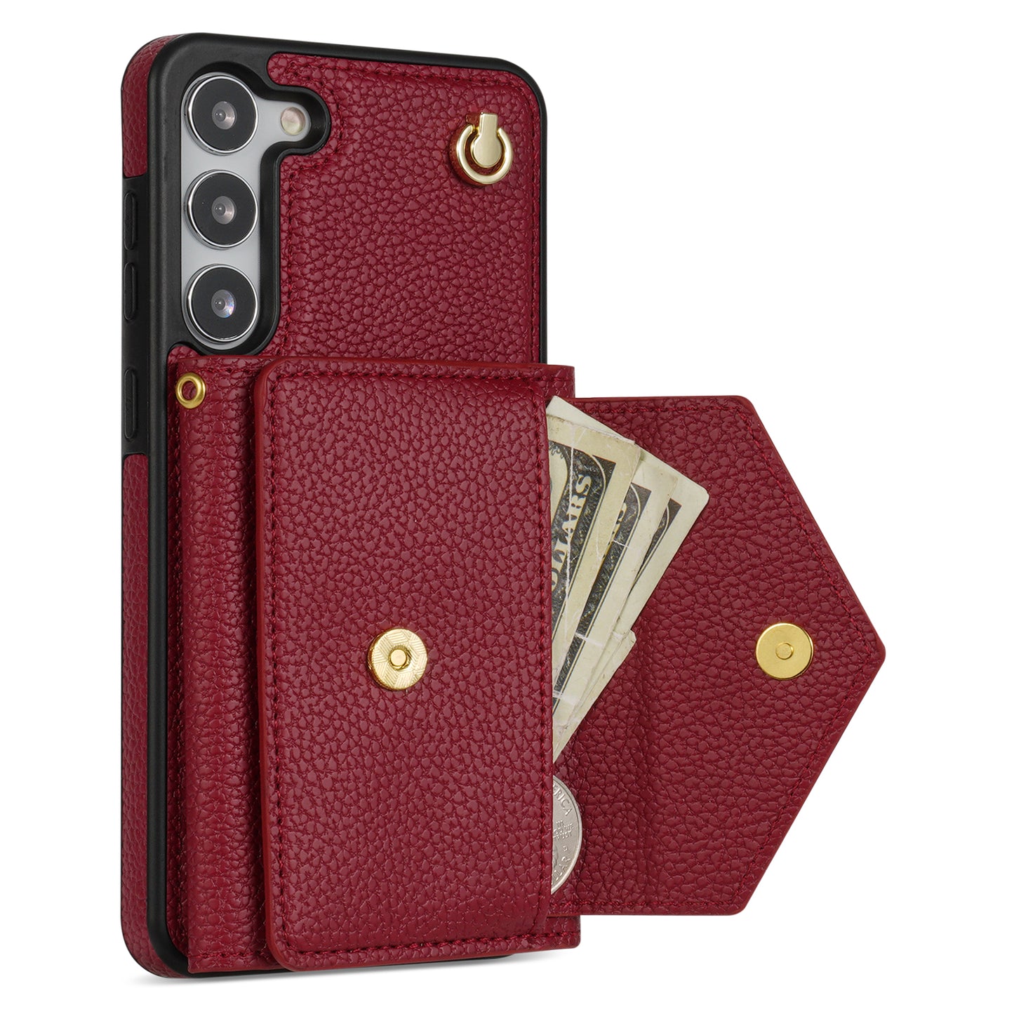 For Samsung Galaxy S24 Cell Phone Case Card Holder Leather+TPU Back Cover with Long Strap - Wine Red