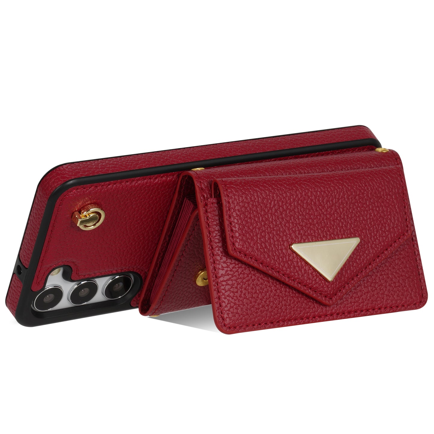 For Samsung Galaxy S24 Cell Phone Case Card Holder Leather+TPU Back Cover with Long Strap - Wine Red