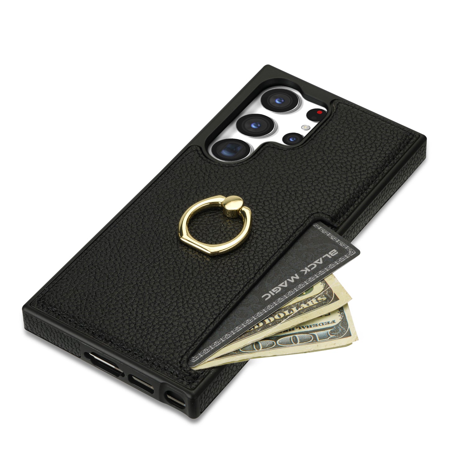 For Samsung Galaxy S24 Ultra Cell Phone Case PU Leather + TPU Ring Kickstand Cover - Black
