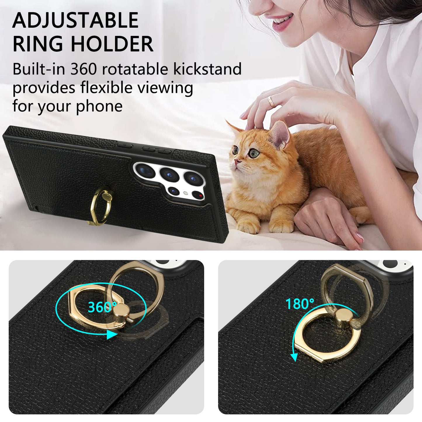 For Samsung Galaxy S24 Ultra Cell Phone Case PU Leather + TPU Ring Kickstand Cover - Black