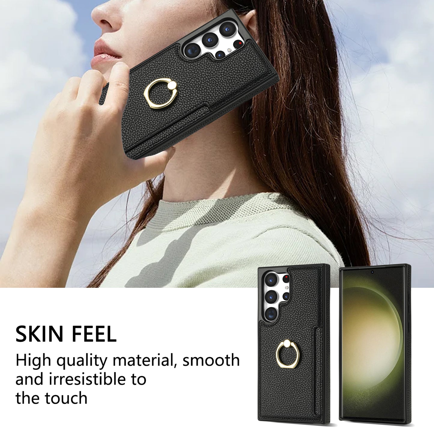 For Samsung Galaxy S24 Ultra Cell Phone Case PU Leather + TPU Ring Kickstand Cover - Black