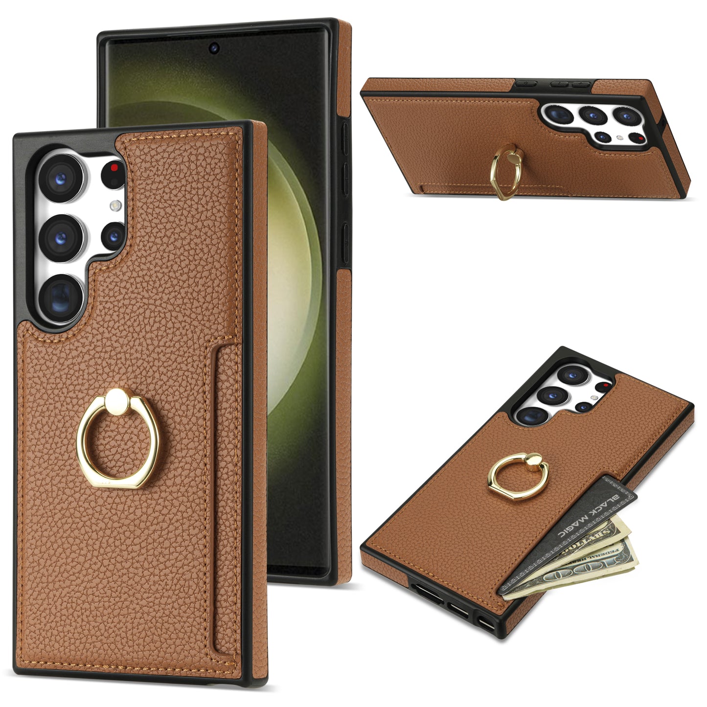 For Samsung Galaxy S24 Ultra Cell Phone Case PU Leather + TPU Ring Kickstand Cover - Brown