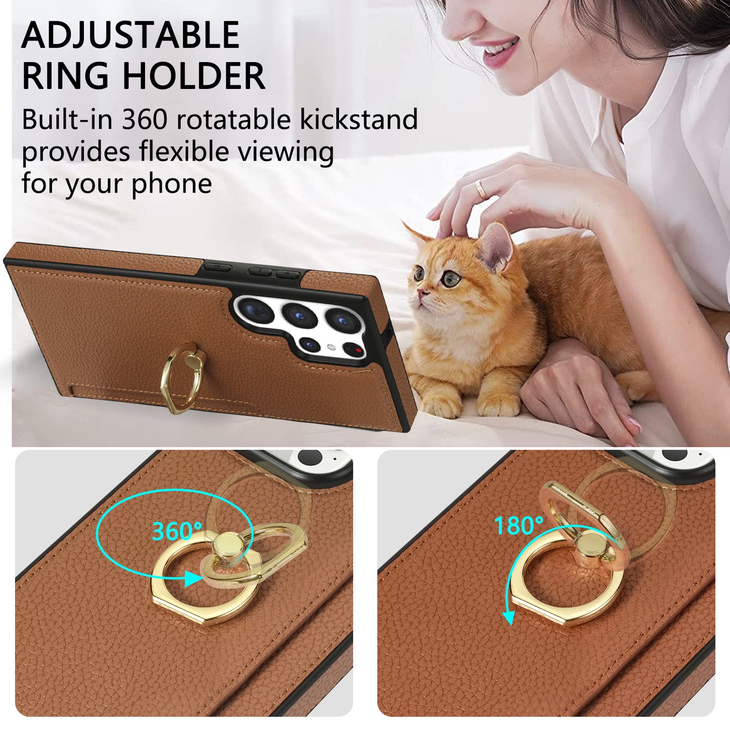 For Samsung Galaxy S24 Ultra Cell Phone Case PU Leather + TPU Ring Kickstand Cover - Brown