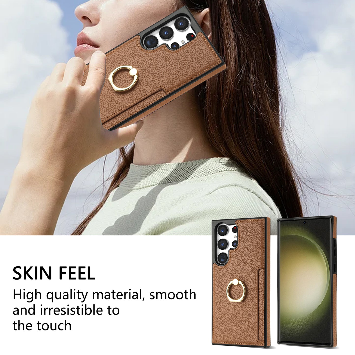 For Samsung Galaxy S24 Ultra Cell Phone Case PU Leather + TPU Ring Kickstand Cover - Brown