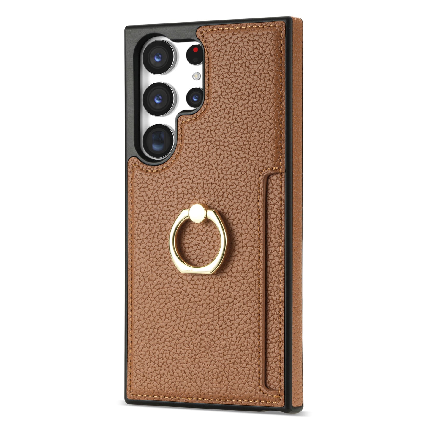 For Samsung Galaxy S24 Ultra Cell Phone Case PU Leather + TPU Ring Kickstand Cover - Brown