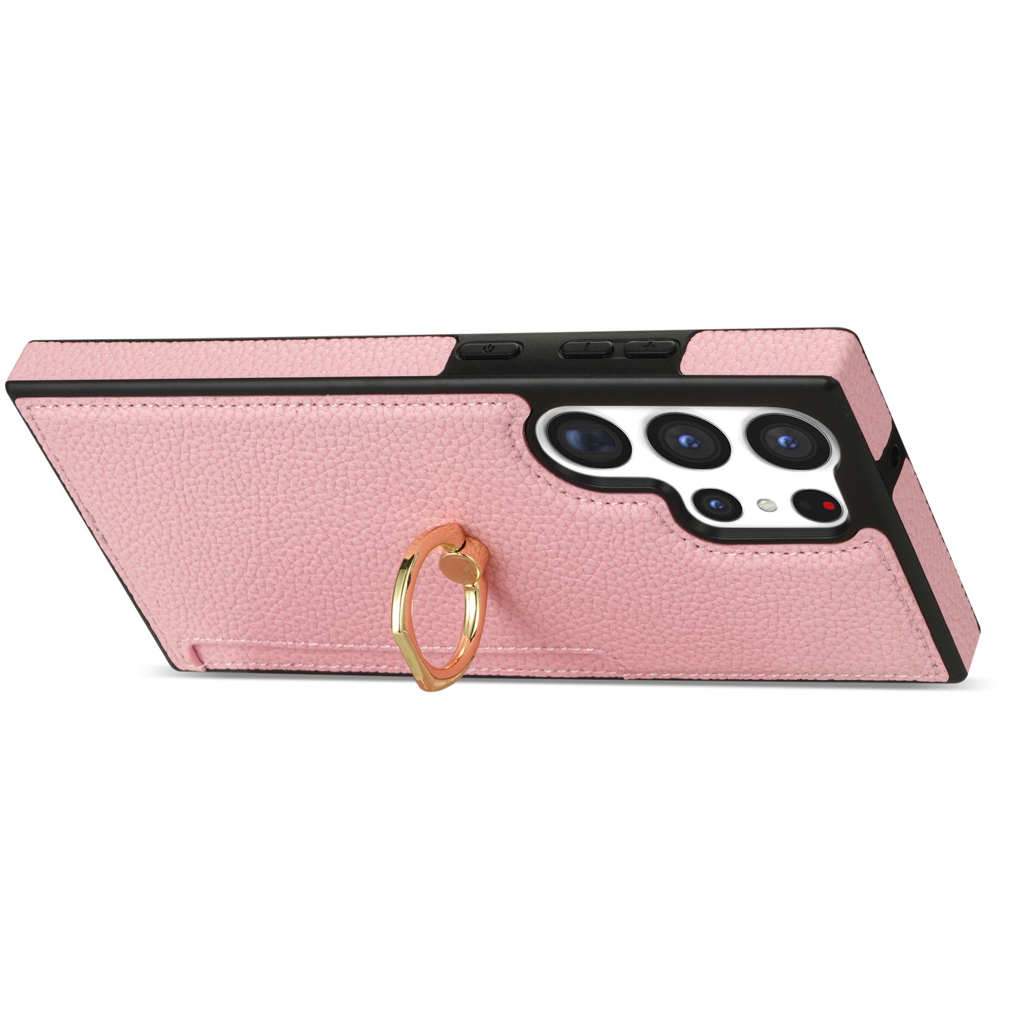 For Samsung Galaxy S24 Ultra Cell Phone Case PU Leather + TPU Ring Kickstand Cover - Pink