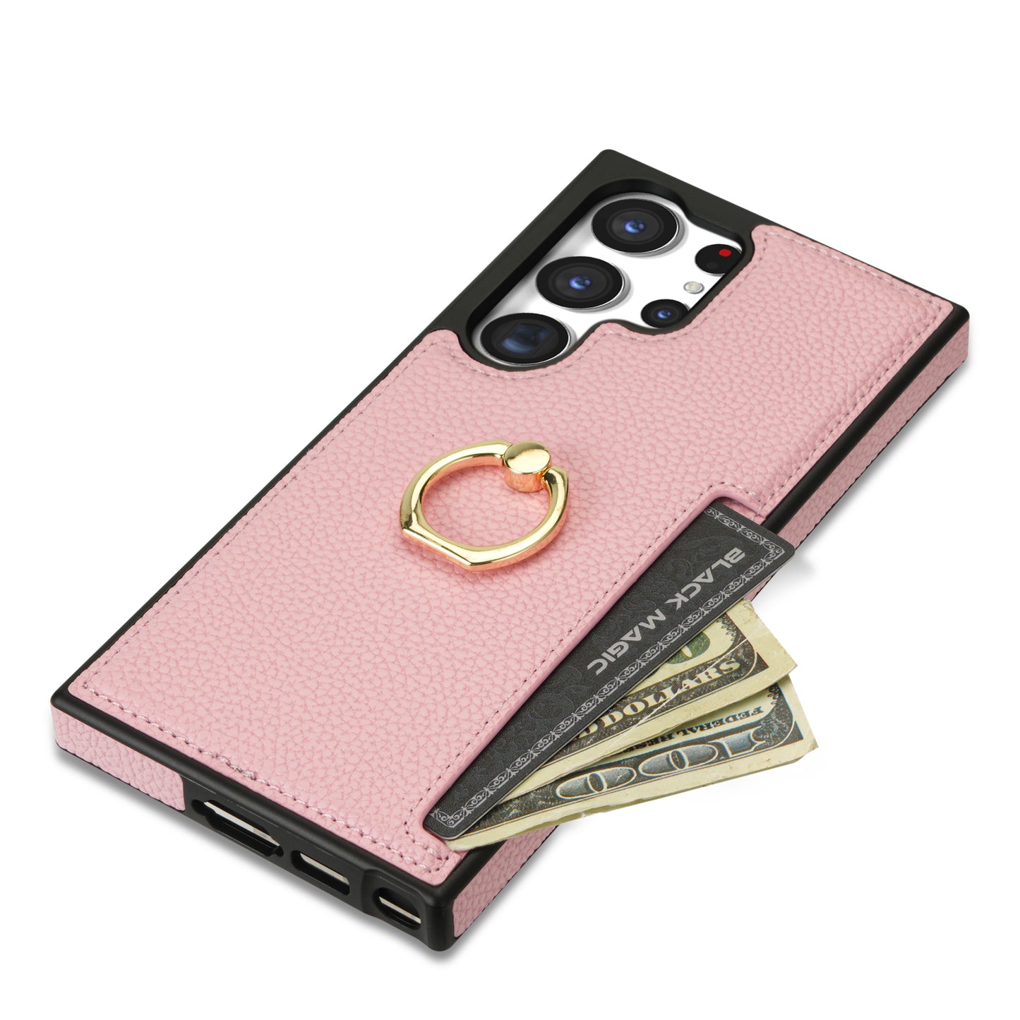 For Samsung Galaxy S24 Ultra Cell Phone Case PU Leather + TPU Ring Kickstand Cover - Pink