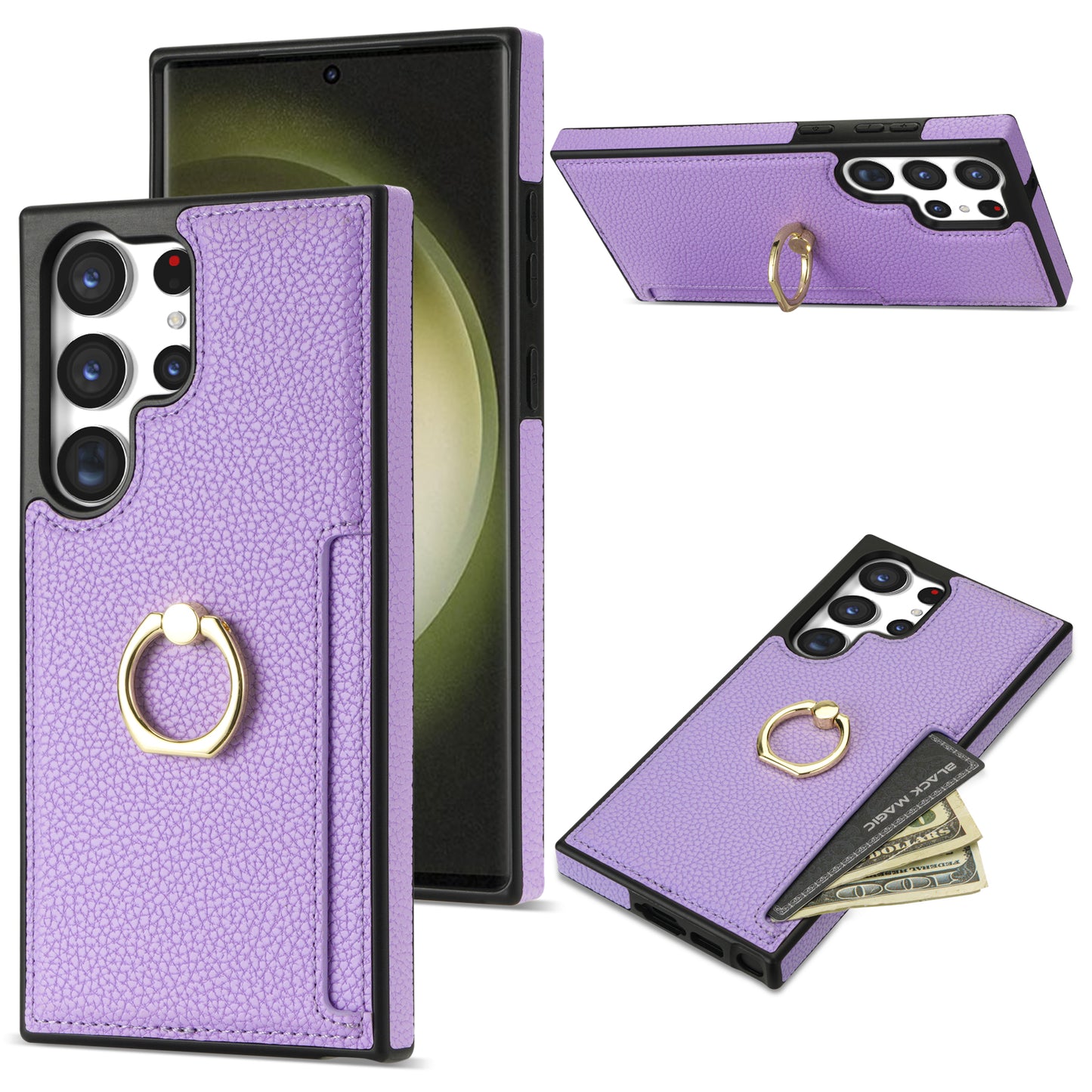 For Samsung Galaxy S24 Ultra Cell Phone Case PU Leather + TPU Ring Kickstand Cover - Purple