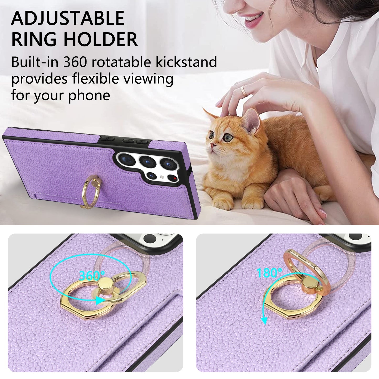 For Samsung Galaxy S24 Ultra Cell Phone Case PU Leather + TPU Ring Kickstand Cover - Purple