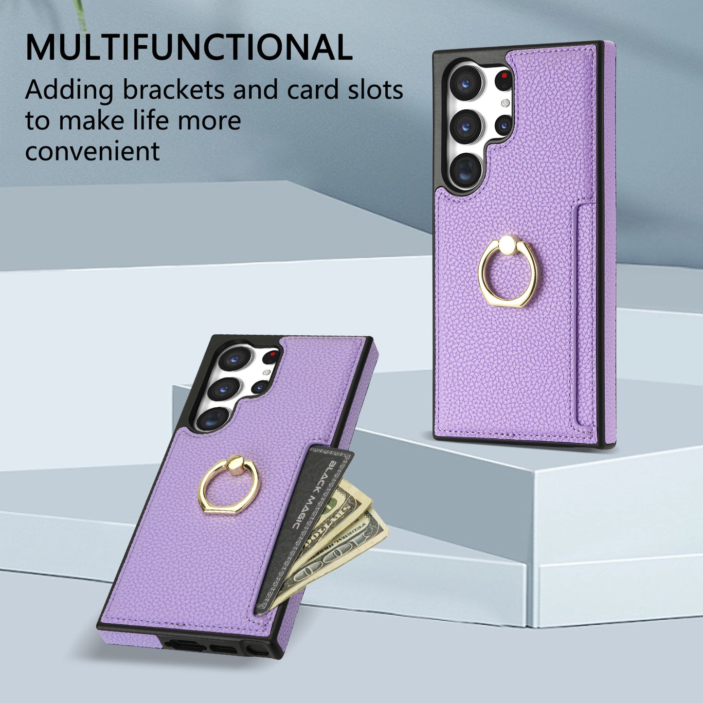 For Samsung Galaxy S24 Ultra Cell Phone Case PU Leather + TPU Ring Kickstand Cover - Purple